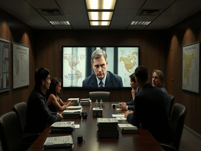 A tense scene from NCIS featuring Leon Vance in his office, looking pensive, with a backdrop of a busy NCIS command center.