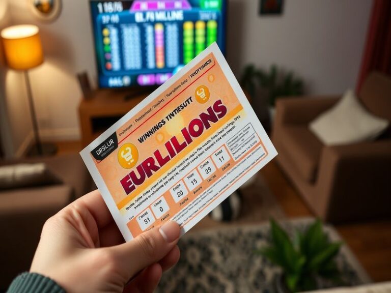 An illustration of a lottery ticket with winning numbers displayed, set against a backdrop of celebratory confetti and a digi