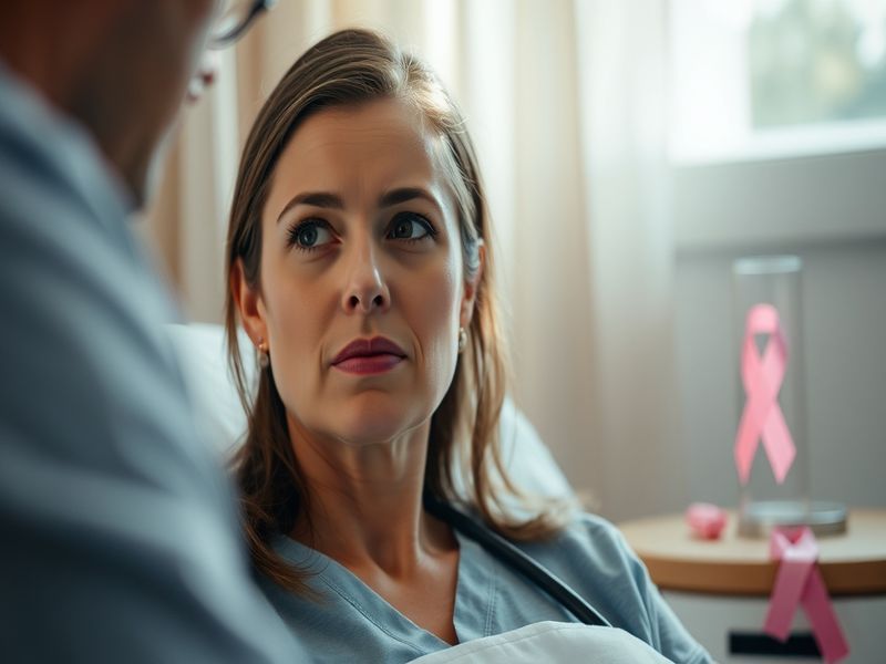 A portrait of Amanda Peet, showcasing her strength and resilience, with a soft-focus background highlighting a pink ribbon sy