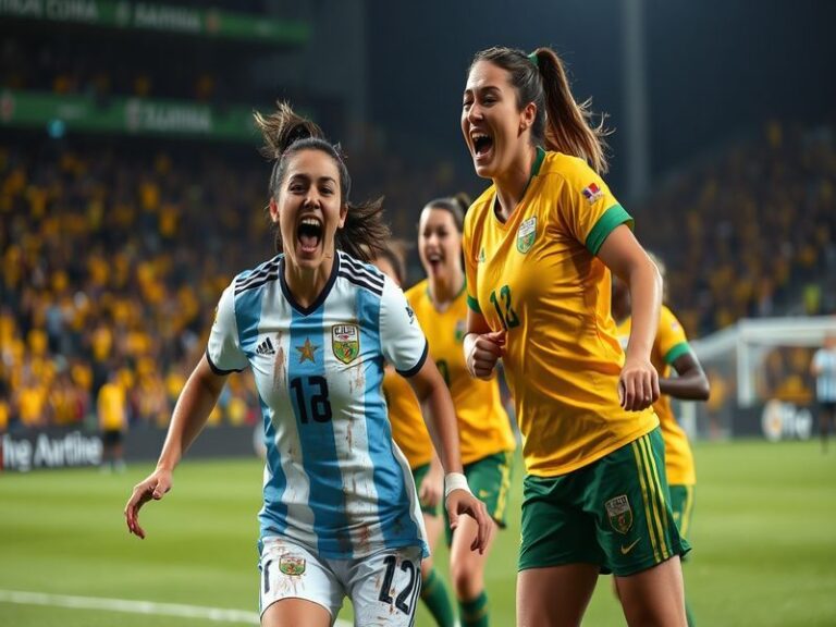 An intense football match scene featuring players from Argentina and Zambia, showcasing their unique kits and passionate fan