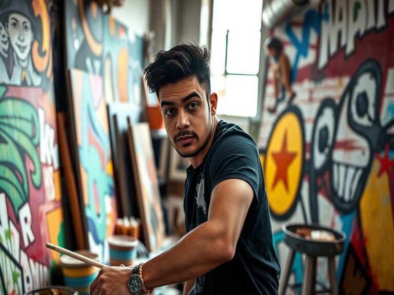 A vibrant portrait of Julian Quiñones, showcasing his charismatic smile and artistic flair, set against a backdrop of colorfu