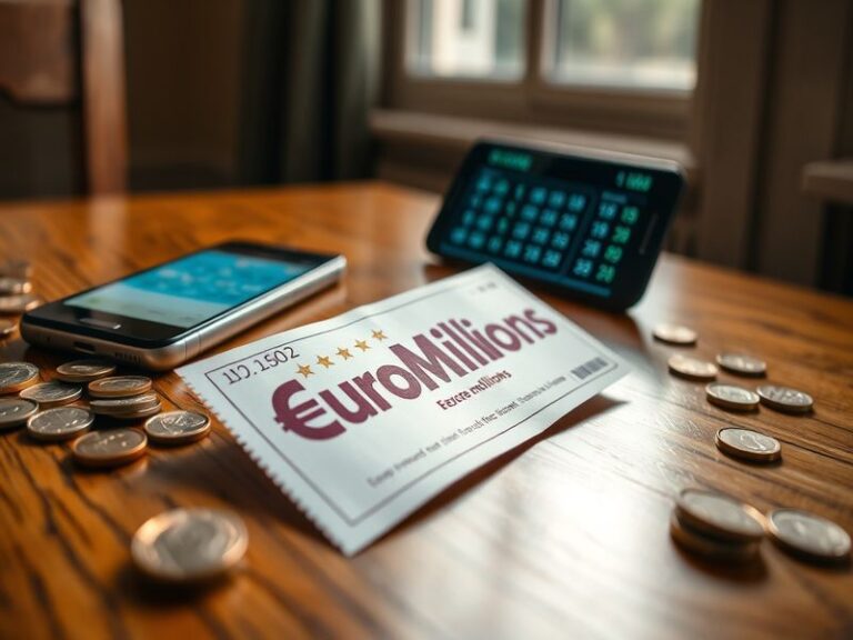 A vibrant image of a EuroMillions ticket alongside a lottery draw machine, capturing the excitement and anticipation of the l