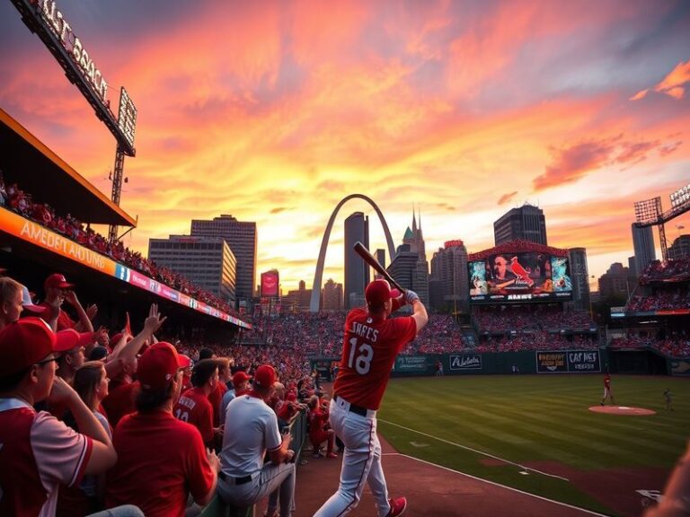 An image showcasing the St. Louis Cardinals' home stadium, Busch Stadium, filled with enthusiastic fans wearing team colors,