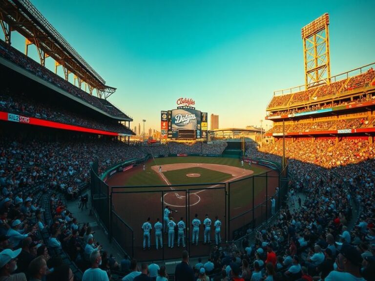 A vibrant image of a baseball stadium filled with fans, showcasing a thrilling game atmosphere with players in action on the