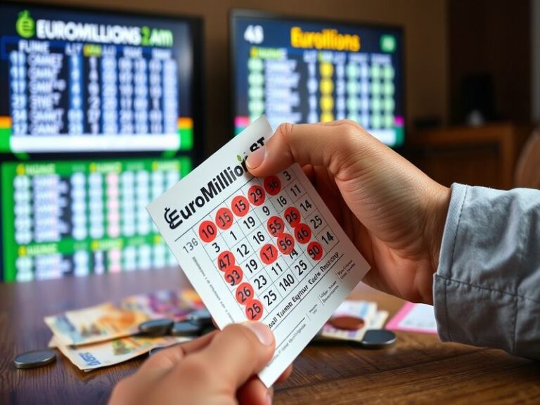 A vibrant lottery ticket with EuroMillions branding, surrounded by numbers and coins, conveying excitement and anticipation.