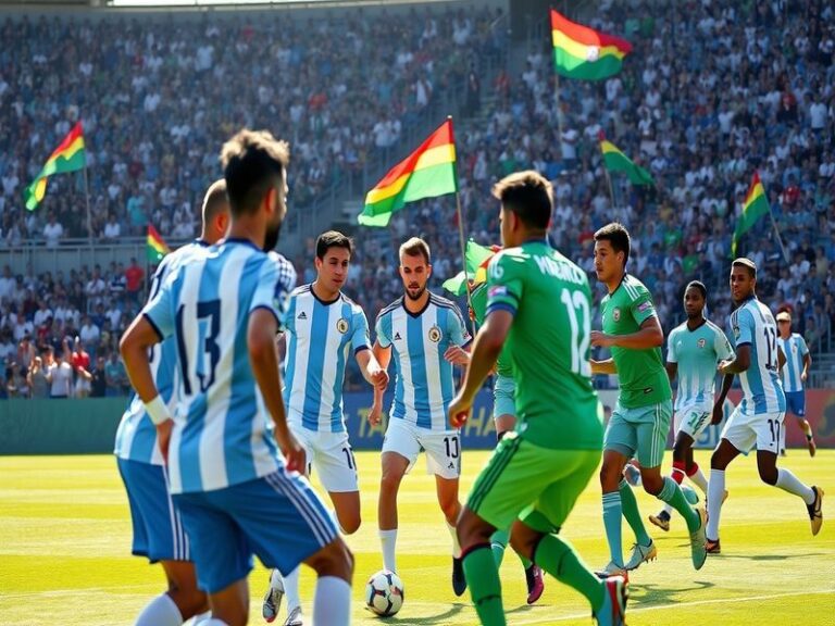 An action-packed scene from a football match featuring players from Argentina and Zambia, showcasing their contrasting styles
