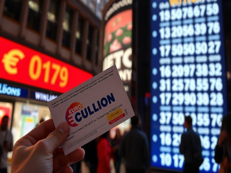 An engaging visual of a EuroMillions ticket with winning numbers highlighted, alongside celebratory elements like confetti an