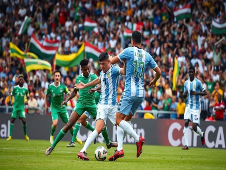 An action-packed football match scene featuring players from Argentina and Zambia, showcasing their intense rivalry and cultu