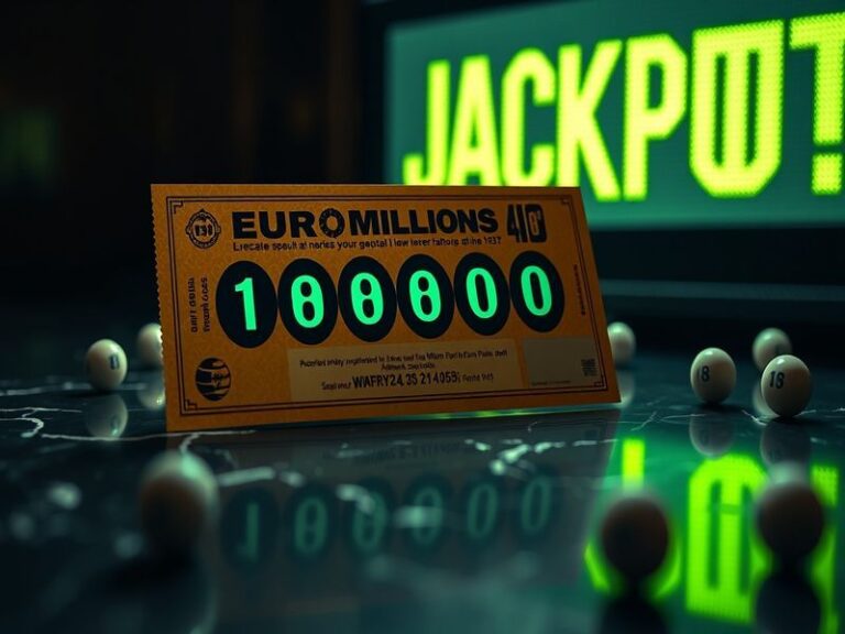 A vibrant image showing a EuroMillions ticket with colorful numbers, a lottery draw setup in the background, and excited play