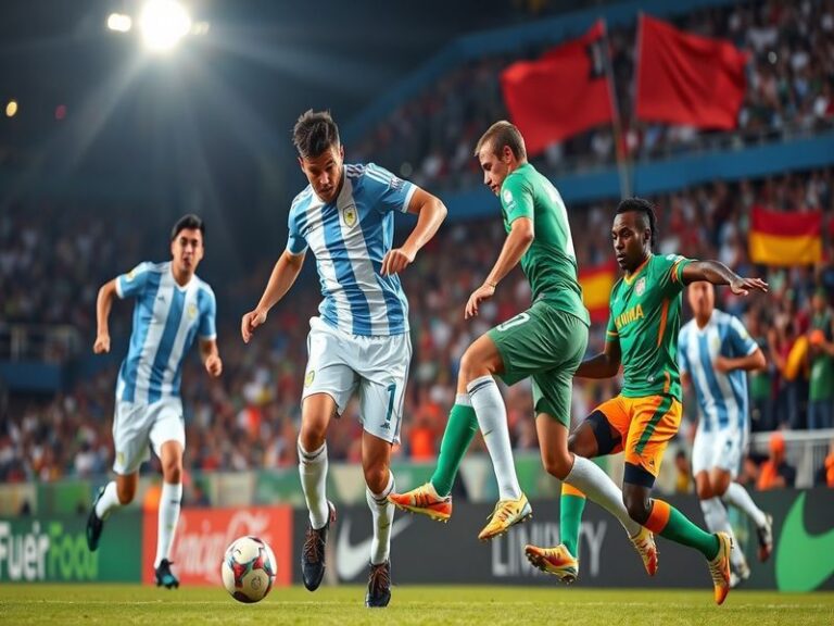 An action shot of an Argentina vs Zambia football match, showcasing players in vibrant jerseys, a packed stadium, and enthusi