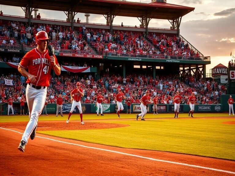 An action shot of a Razorbacks baseball game at Baum-Walker Stadium, showcasing players in vibrant uniforms, fans cheering in