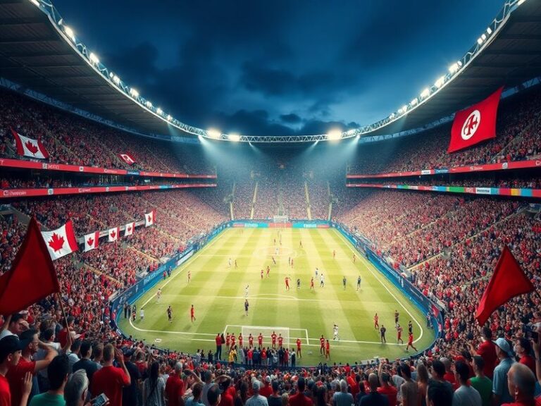 An image depicting a vibrant soccer match between Canada and Tunisia, showcasing fans in team colors, flags, and an energetic