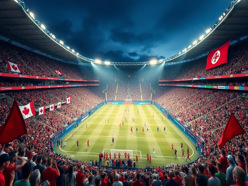 An image depicting a vibrant soccer match between Canada and Tunisia, showcasing fans in team colors, flags, and an energetic