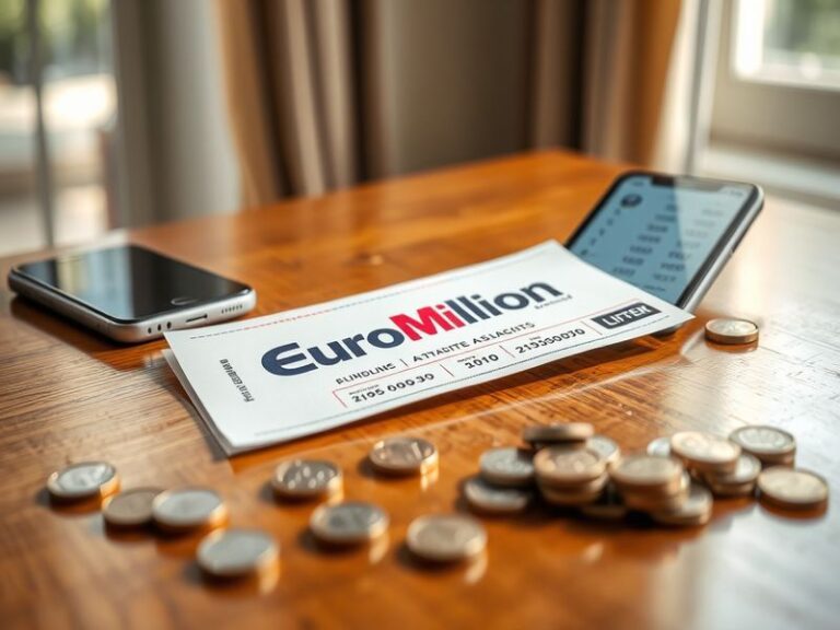 A vibrant image depicting a EuroMillions lottery ticket alongside a digital display of winning numbers, set against a backdro