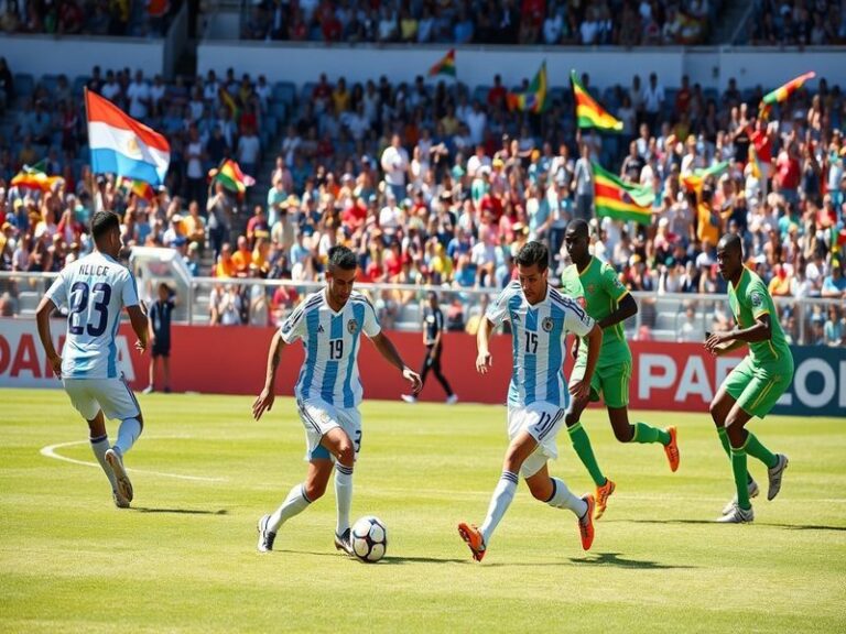 An action-packed football scene showcasing players from Argentina and Zambia competing on the pitch, with vibrant stadium atm