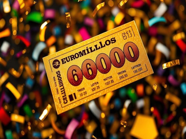 A vibrant image of a EuroMillions ticket with lottery numbers, surrounded by cash and a celebratory atmosphere.