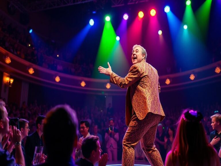 Nathan Lane performing on stage, showcasing his expressive acting style, with vibrant stage lights and an engaged audience in