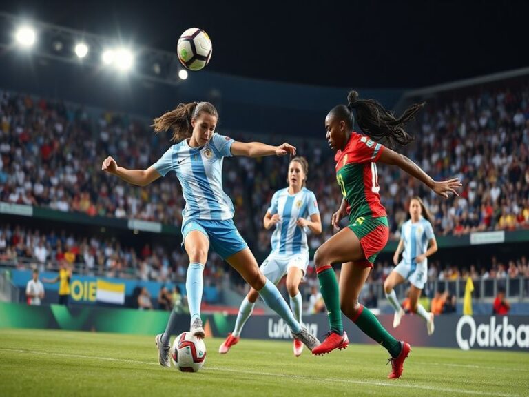 An intense football match scene with players in action, showcasing Argentina in blue and white stripes against Zambia in thei
