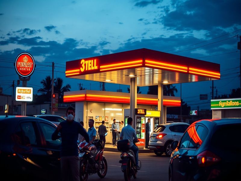 An image depicting a busy petrol station with cars refueling, showcasing various fuel prices and services available, set agai
