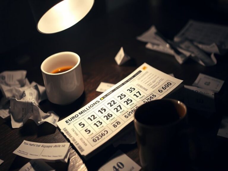 A vibrant image showing EuroMillions lottery tickets with colorful graphics, set against a backdrop of excited players discus