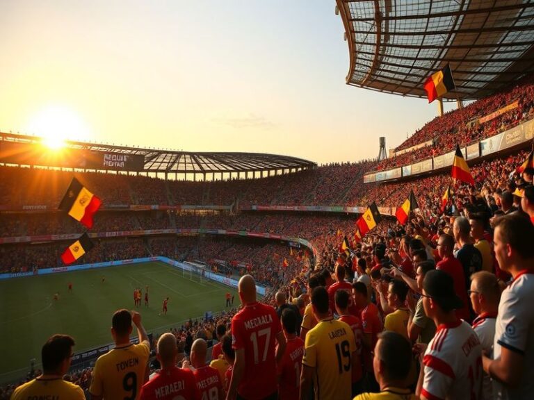 A vibrant stadium scene during a Belgian league match, showcasing passionate fans, colorful team banners, and players in acti