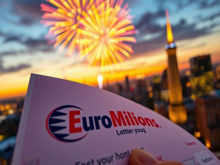 An image of a EuroMillions ticket with winning numbers highlighted, set against a backdrop of celebratory confetti and cash.
