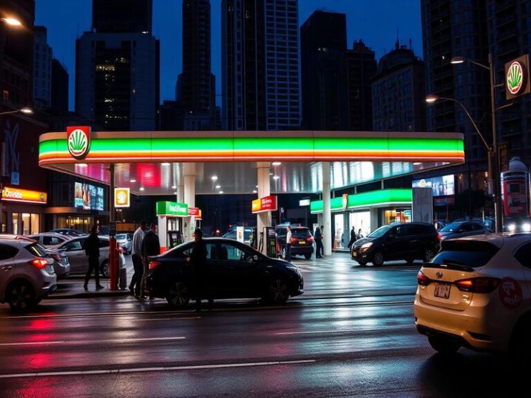 A vibrant petrol station at sunset, showcasing fuel pumps, a convenience store, and vehicles refueling, creating a lively tra