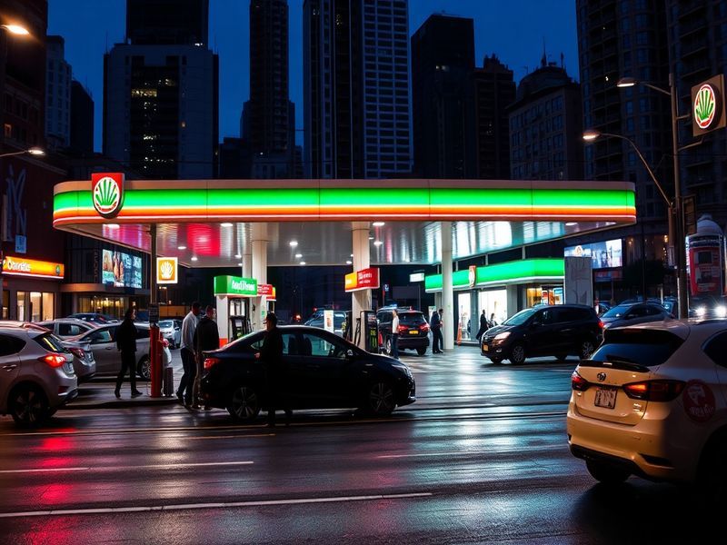 A vibrant petrol station at sunset, showcasing fuel pumps, a convenience store, and vehicles refueling, creating a lively tra