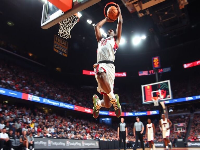 A dynamic shot of Scoot Henderson in action, showcasing his athleticism and skill on the basketball court, with fans cheering