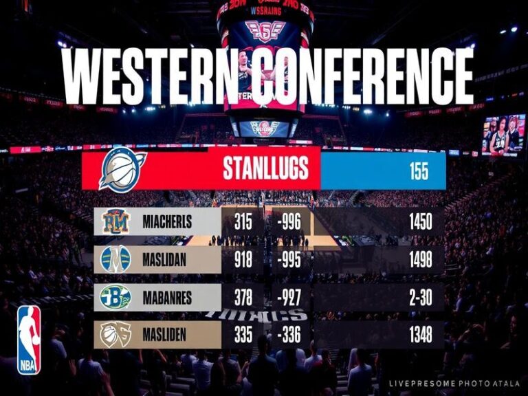 A vibrant graphic depicting the current NBA Western Conference standings with team logos and player highlights, set against a