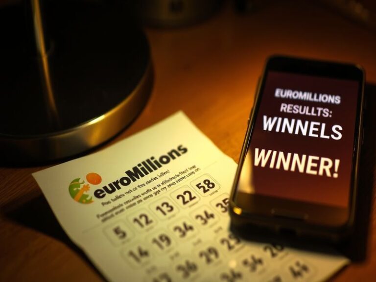 An image depicting a EuroMillions ticket alongside a jubilant winner holding a large check, with a festive background celebra