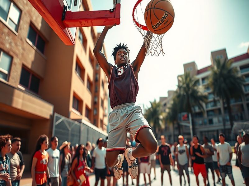 An action shot of Scoot Henderson dribbling the basketball during a game, showcasing his athleticism and focus.