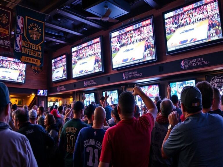 An image depicting an intense NBA game in a packed arena, showcasing players in action, vibrant team colors, and enthusiastic