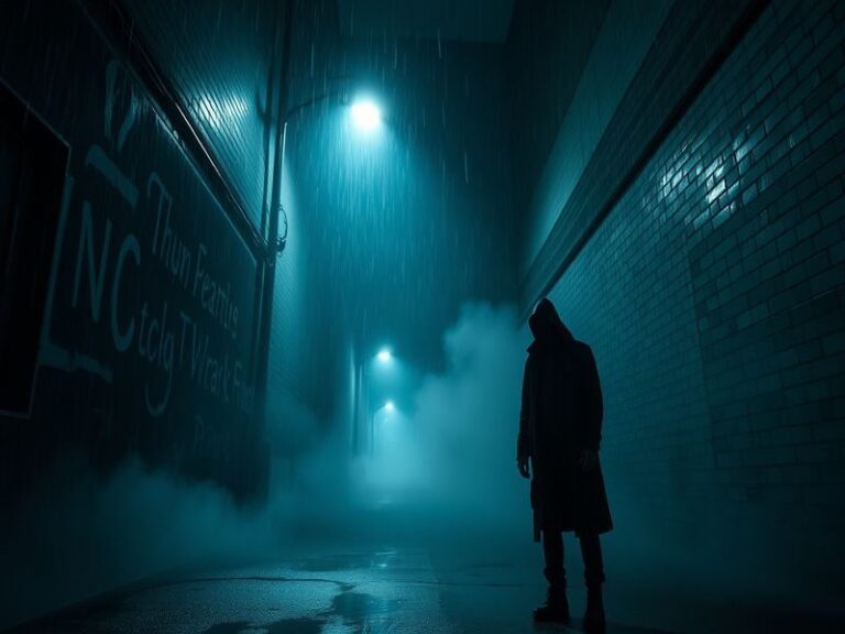 A dark, atmospheric scene from the film, showcasing the characters' expressions of fear and uncertainty against a backdrop of