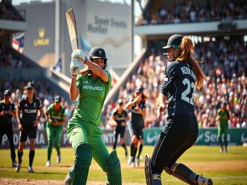 An action shot of South Africa and New Zealand women's cricket teams competing on the field, showcasing players in dynamic po