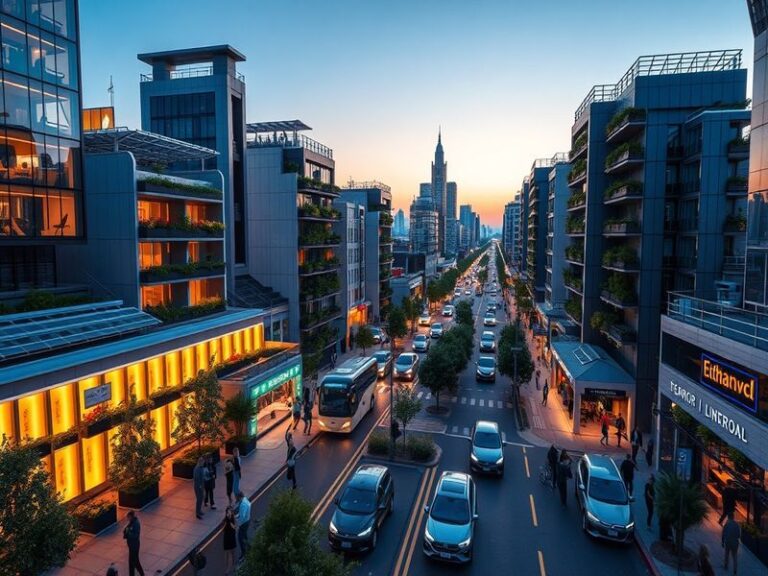 An illustration showing a modern energy facility with wind turbines and solar panels, symbolizing sustainability and innovati