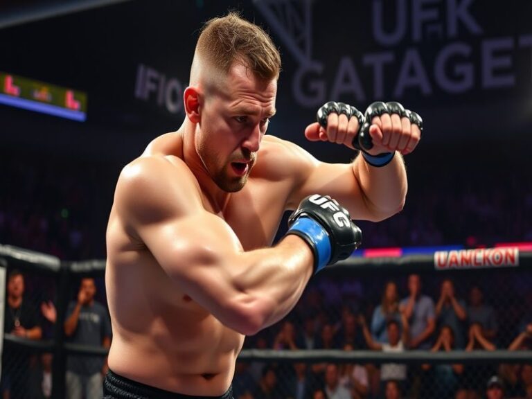 A dynamic shot of Justin Gaethje in the Octagon, showcasing his intense focus and athletic build, surrounded by a cheering cr