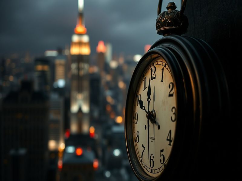 An image showcasing a clock with blurred hands, symbolizing the urgency of the present moment, set against a backdrop of a bu