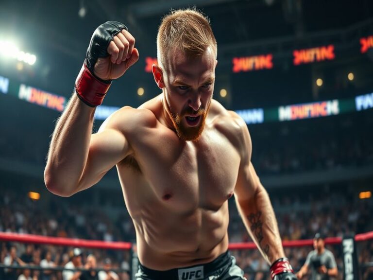 A dynamic shot of Justin Gaethje in action during a fight, showcasing his intense focus and athleticism, surrounded by a chee