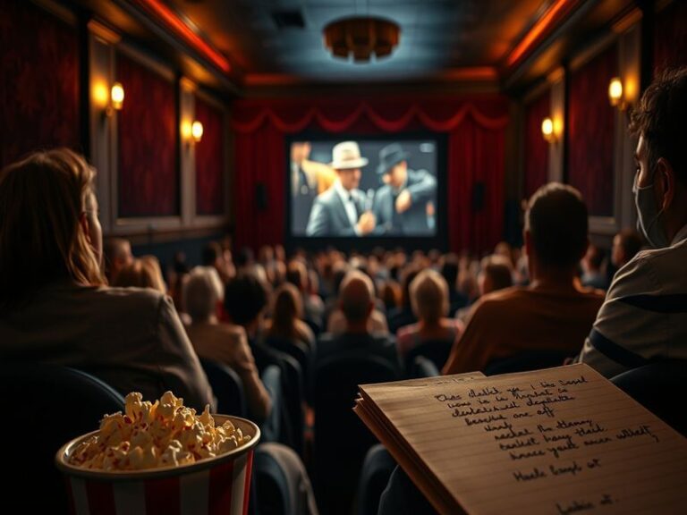 A film critic reviewing a movie in a cozy setting, with popcorn and a notepad, creating an inviting and thoughtful atmosphere