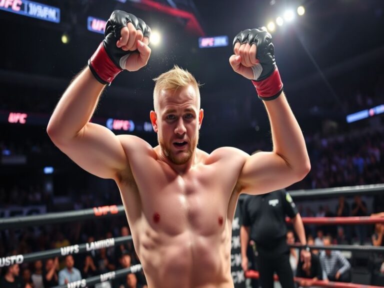 An action shot of Justin Gaethje in the octagon, showcasing his intense focus and fighting stance during a match.