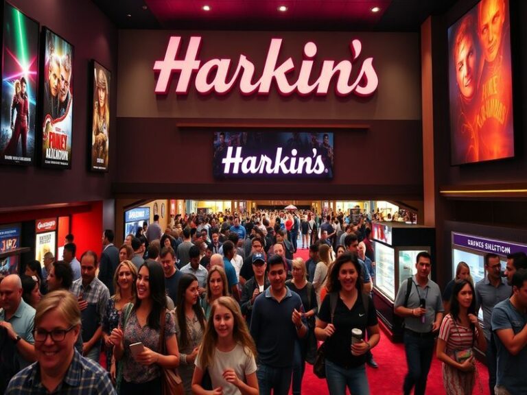 An inviting image of a Harkins Theater entrance, showcasing bright lights and a bustling crowd, capturing the excitement of m