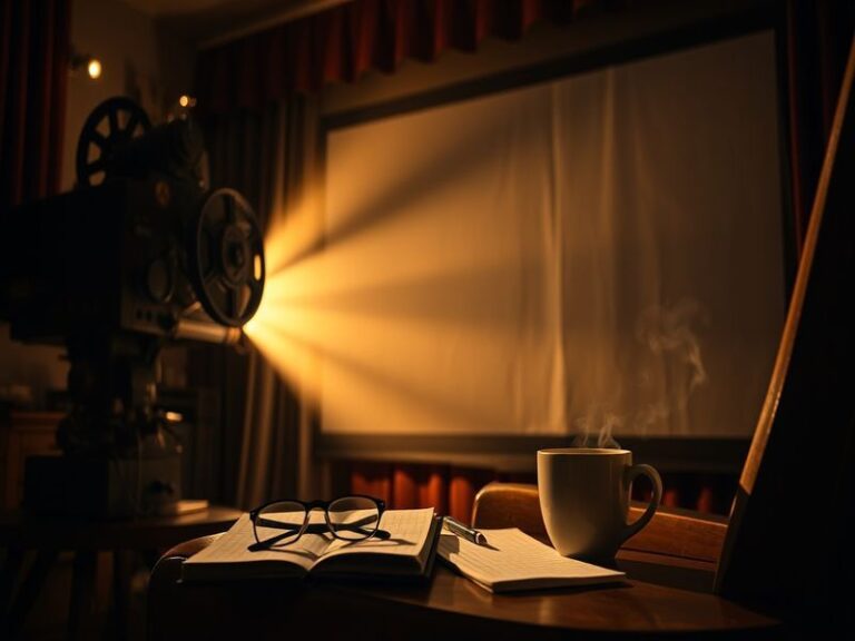 An engaging image of a film critic writing a review, surrounded by movie posters and a laptop, conveying a thoughtful and ana