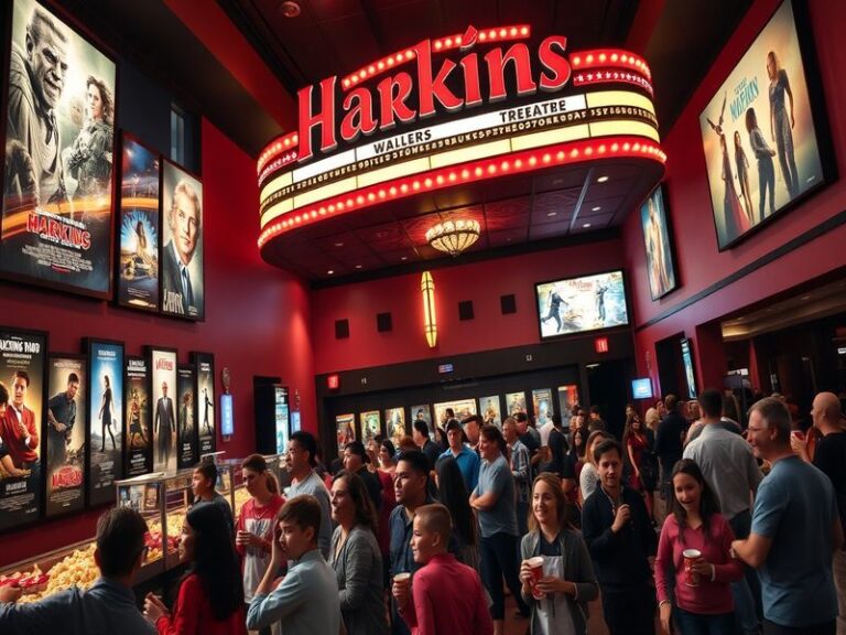 A vibrant image of a Harkins Theatre, showcasing its modern architecture, large marquee, and patrons enjoying the cinema expe