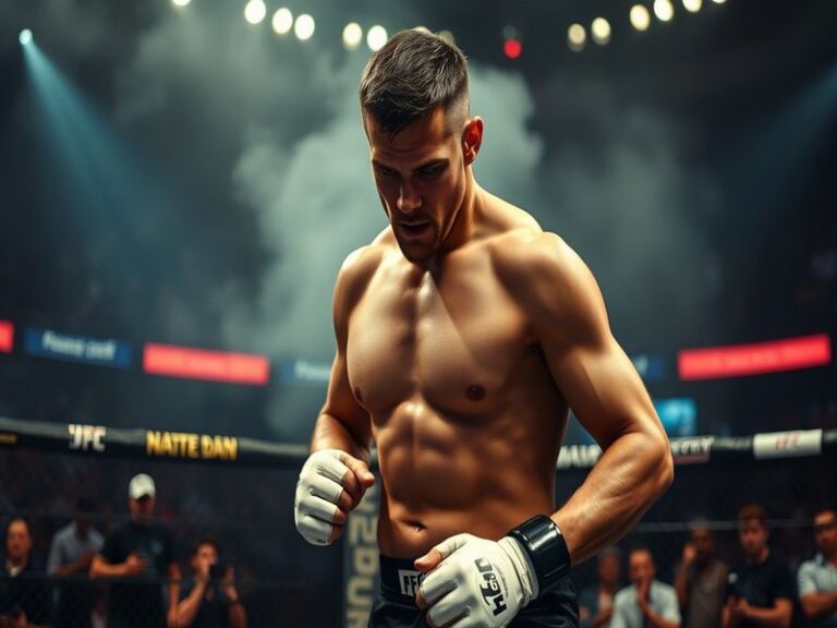 A dynamic photo of Nate Diaz in the octagon, showcasing his fighting stance with intensity and focus, surrounded by a cheerin