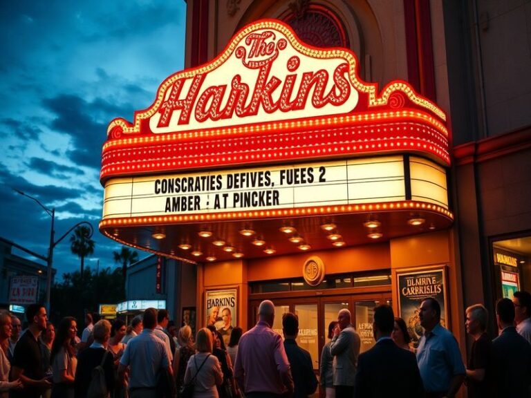 A vibrant interior shot of a Harkins Theatre showcasing plush seating, a colorful concession stand, and a large movie screen,