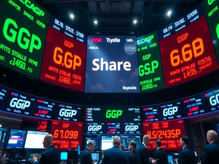A dynamic stock market graph showing fluctuations in GGP share prices against a backdrop of retail spaces, illustrating the c