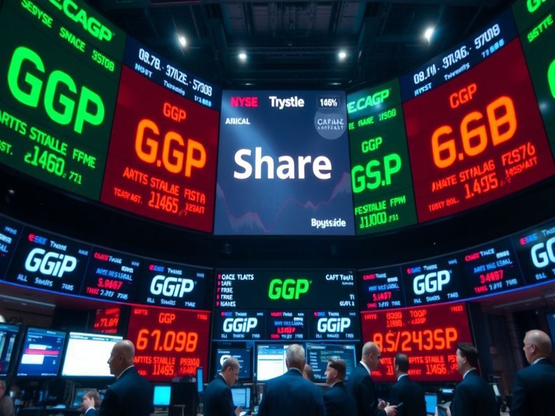 A dynamic stock market graph showing fluctuations in GGP share prices against a backdrop of retail spaces, illustrating the c