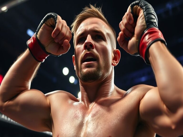 An action shot of Nate Diaz in the octagon, showcasing his intense focus and determination during a fight, with a cheering cr