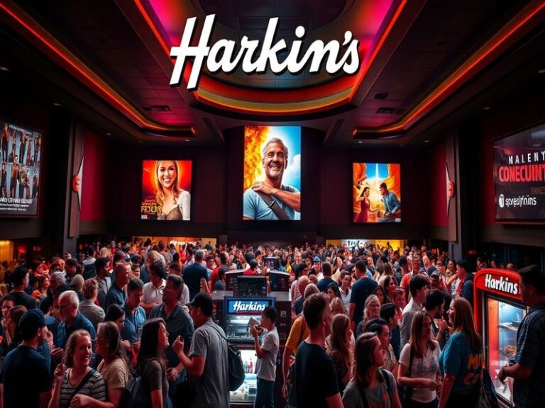 An inviting Harkins Theatre lobby filled with patrons, showcasing plush seating and vibrant movie posters.